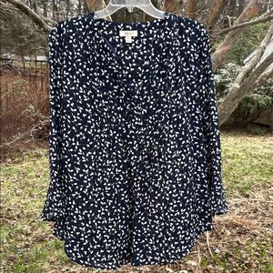 Style & Co. Navy and White Leaf-Print Long-Sleeve Blouse